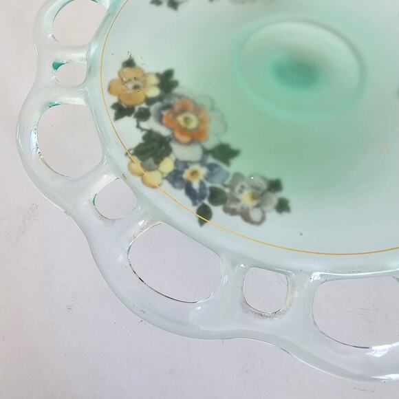 Lancaster Glass Footed Plate Green Satin Glass Open Lace Reverse Painted Floral - Picture 7 of 12